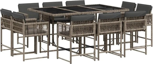 vidaXL 11-tlg Garten-Essgruppe aus Poly Rattan in Grau mit Kissen und Hartglas-Tischplatte - Bild 1