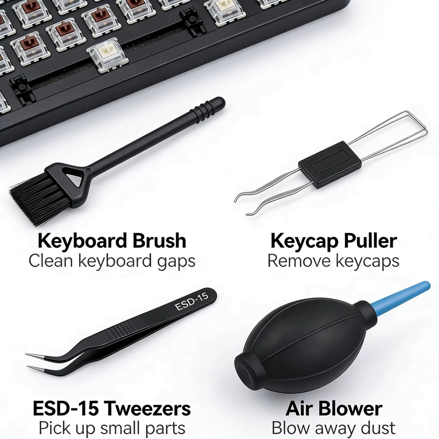 4-in-1 Tastatur-Reinigungsset in Schwarz mit multifunktionalem Reinigungswerkzeug und 2-in-1 Tastenkappen- sowie Schalterabzieher - Bild 2