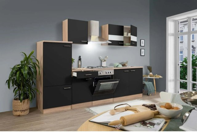 Respekta Küchenzeile Schwarz-Eiche Sägerau mit Glastüren und Soft-Close-Funktion, Breite: 270 cm - Bild 1