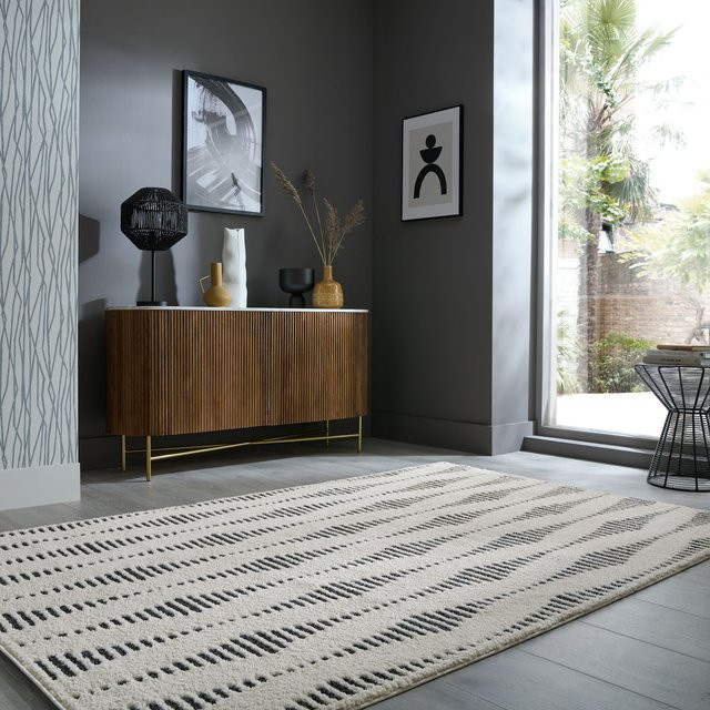 Skandinavischer Teppich Kadima in Creme-Schwarz mit gestrichelten Linienbändern, B/B/H: 200 x 290 cm - Bild 1