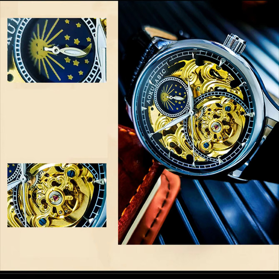 Aokulasic Armbanduhr, Automatik, Mondphase, Gold, Leder, Herren - Bild 2