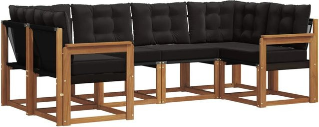 vidaXL Outdoor-Sofagarnitur 6-teilig in L-Form aus Akazienholz und Textilene mit Kissen, Schwarz und Natur - Bild 1