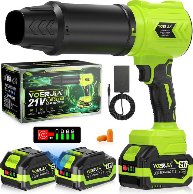 VOERJIA Akku-Laubbläser 21V in Grün mit 600W und 2x 4000mAh Akkus für Garten, Auto und Schnee - Bild 1