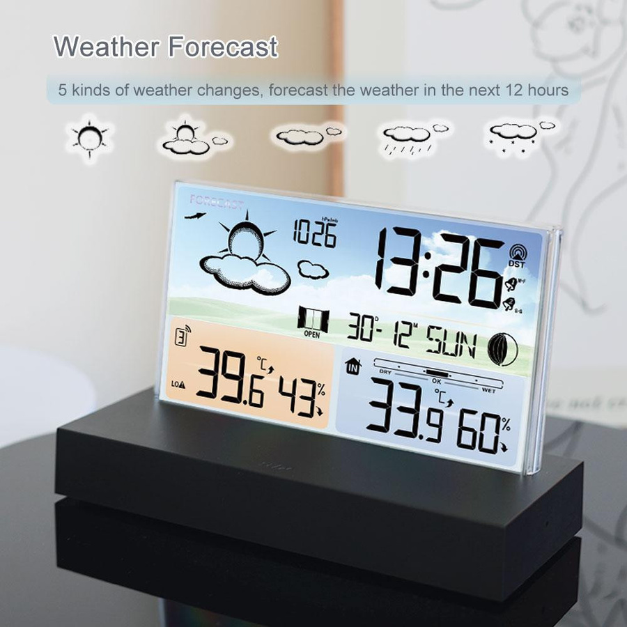 Tooarts Digitaler Wecker mit Temperaturanzeige, Luftfeuchtigkeit und Wettervorhersage, Tischuhr in Schwarz - Bild 5