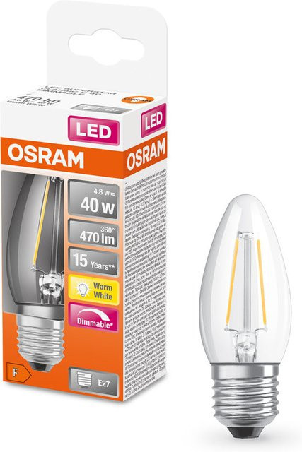 Osram LED Retrofit Classic B dimmable Lampe, E27, 4.8W, 470 lm, 2700 K Warmweiß, transparent - Bild 1