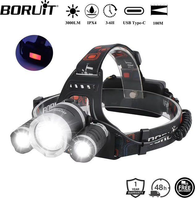 BORUiT RJ-3000 LED-Stirnlampe in Schwarz mit 3000 lm, wiederaufladbarer Typ-C-Scheinwerfer, wasserdicht - Bild 1
