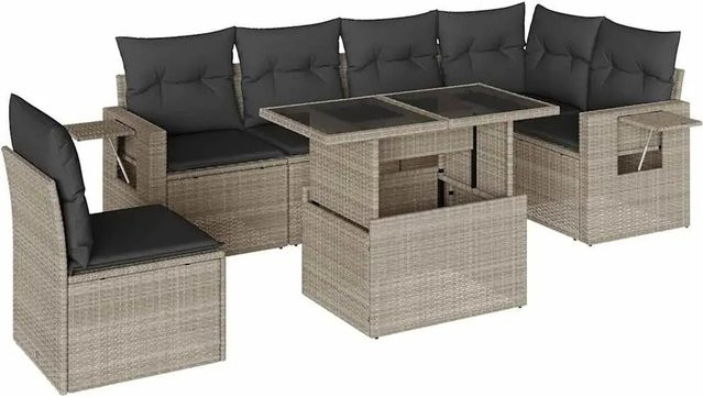 vidaXL 7-tlg. Garten-Sofagarnitur in L-Form mit Kissen und Couchtisch, Anthrazit/Hellgrau, Poly-Rattan mit Metallgestell - Bild 1