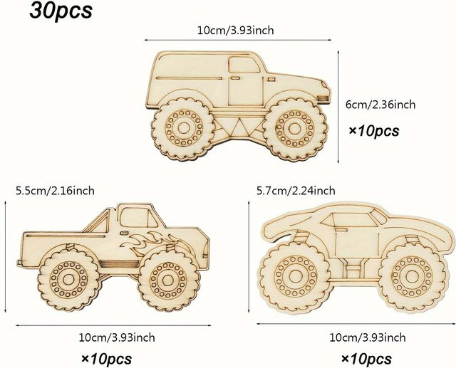 WTEMPO 30 Stück Monstertruck Holz-Ausschnitte in Beige zum Basteln und Bemalen als DIY Fahrzeug-Ornamente und Anhänger für deine Party-Dekoration - Bild 1