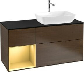 V&B Waschtischunterschrank Finion mit Wandbeleuchtung, Breite: 120 cm, Tiefe: 50,1 cm, Höhe: 50,1 cm, Farbe: Platin Blau Matt mit Regal Gold Matt Lackiert und Wandleuchte Velvet - Bild 1