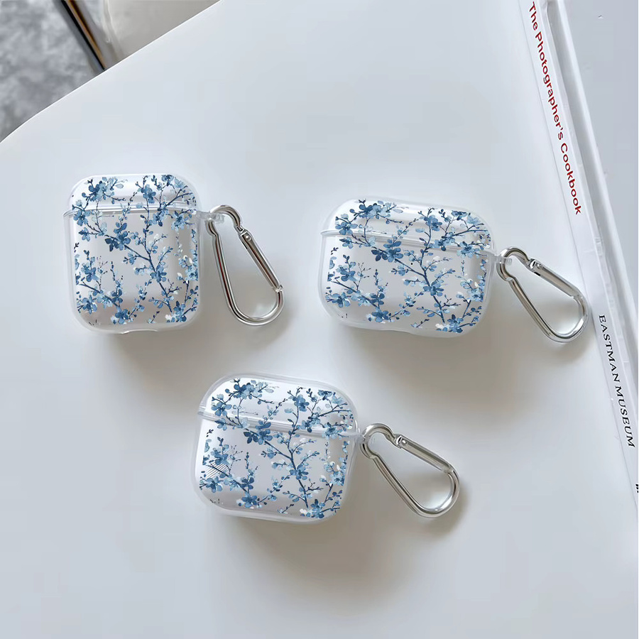 Elegante transparente Kopfhörerhülle mit blauem Blumenmuster für Apple AirPods 1/2/3/4 und AirPods Pro 2/Pro 3 aus TPU - Bild 2