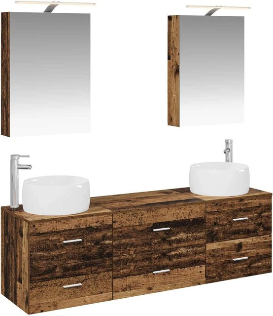 5-tlg. Badezimmermöbel-Set von vidaXL aus Altholz und Glas in Braun mit LED-Beleuchtung und Spiegelschrank - Bild 1