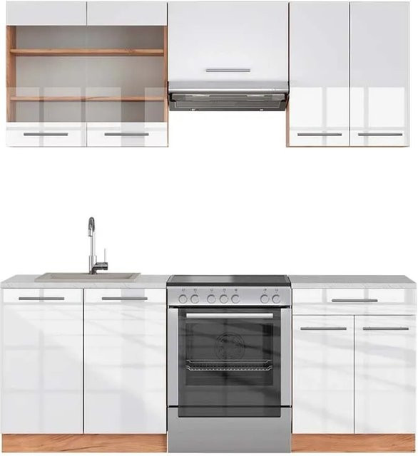 Vicco Fame-Line Küchenzeile in Weiß Hochglanz und Goldkraft Eiche mit Marmor-Optik, Breite: 200 cm - Bild 1