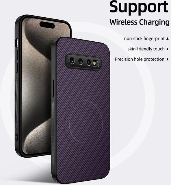 Stoßfeste magnetische Handyhülle mit Kohlefaser-Textur und kabellosem Laden für Samsung Galaxy S10, S10 Plus und S10E in Grau - Bild 1