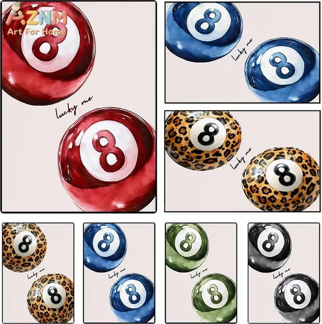 AZNM Lucky 8 Billard-Wandbild auf Leinwand mit Leopardenmuster-Aquarelldruck für deine Raumdekoration - Bild 1