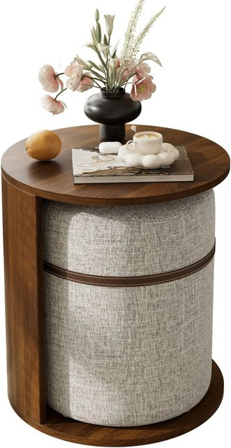 Merax Beistelltisch mit Hocker Rund in Holzoptik Kiefer Braun - Bild 1