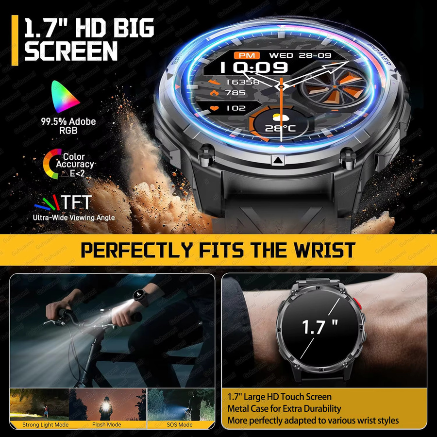 GUHUAVMI Militär-Smartwatch für Herren in Schwarz mit GPS, 5ATM Wasserdichtigkeit und Bluetooth-Anruffunktion sowie 1100mAh Akku - Bild 5