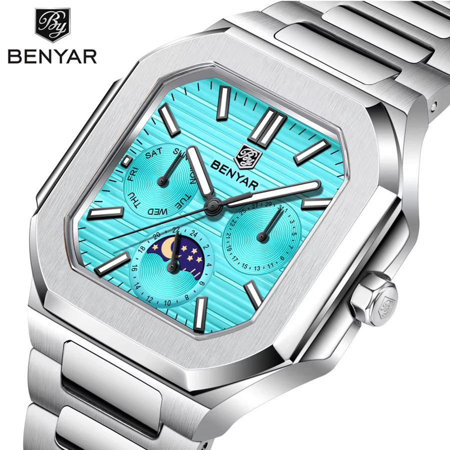 BENYAR Armbanduhr, Mondphase, Quarz, Edelstahl, Schwarz, Herren - Bild 3