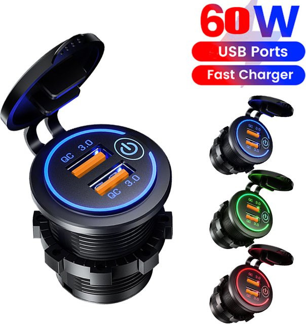 kebidumei Dual QC 3.0 Auto Ladegerät Buchse mit USB-C, Wasserdicht, Schwarz, 12/24V für Auto, Motorrad und Boot - Bild 1