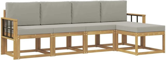 vidaXL Outdoor-Sofagarnitur L-Form aus Massivholz Akazie in Weiß, Grau und Braun mit 5-teiligem Set und Polsterkissen - Bild 1