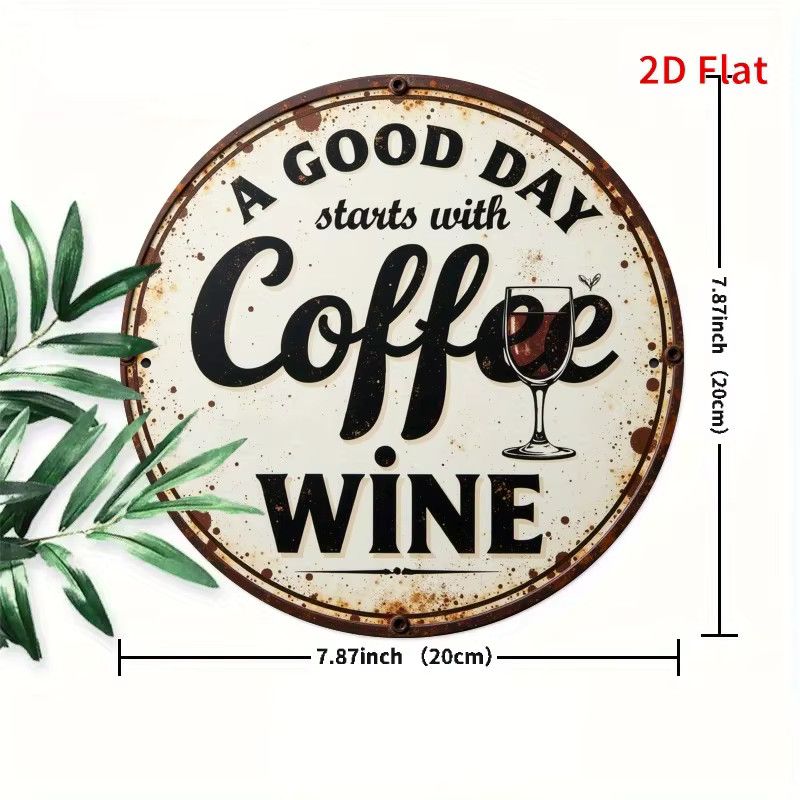 Potdemiel Vintage-Metallschild Wanddekoration rund Durchmesser: 19,81 cm mit Spruch Kaffee und Wein - Bild 2