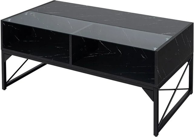 Costway LED Couchtisch in Schwarz mit Marmor-Optik und Glasplatte, moderner Wohnzimmertisch, B/T/H: 80 x 55 x 50 cm - Bild 1