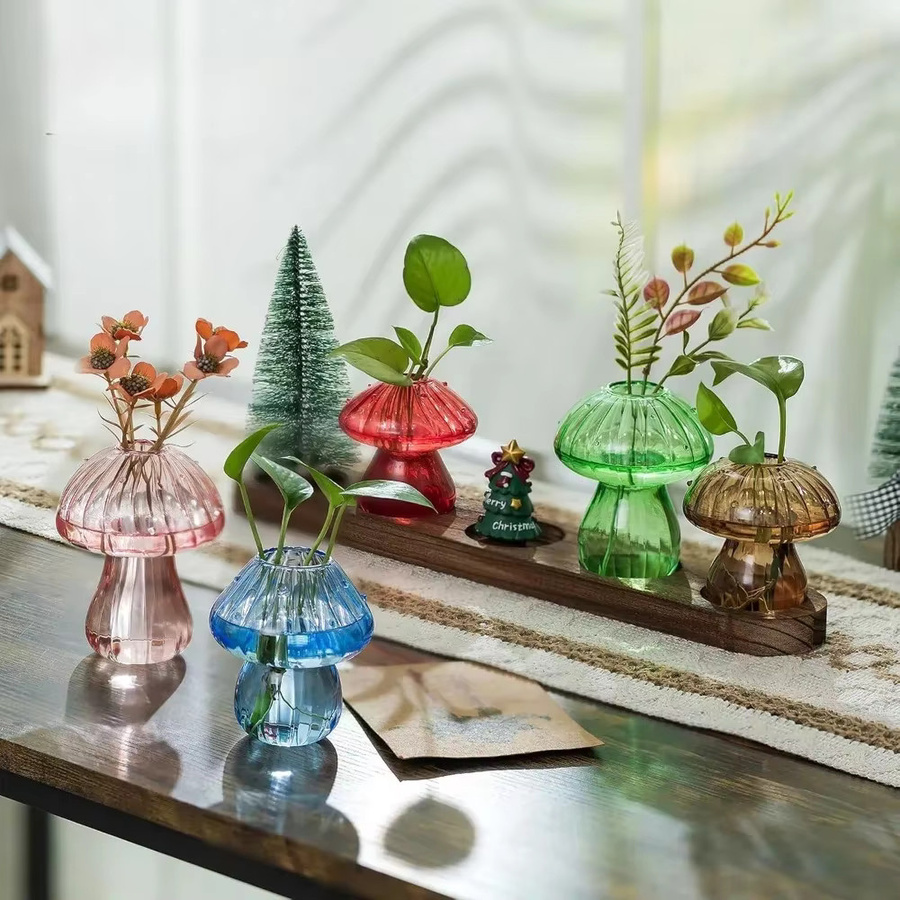Glasseam Pilz-Pflanzenvermehrungsstation mit Glasvasen und Holzständer, hydroponisches Pflanzgefäß für Zuhause und Büro, transparent - Bild 2
