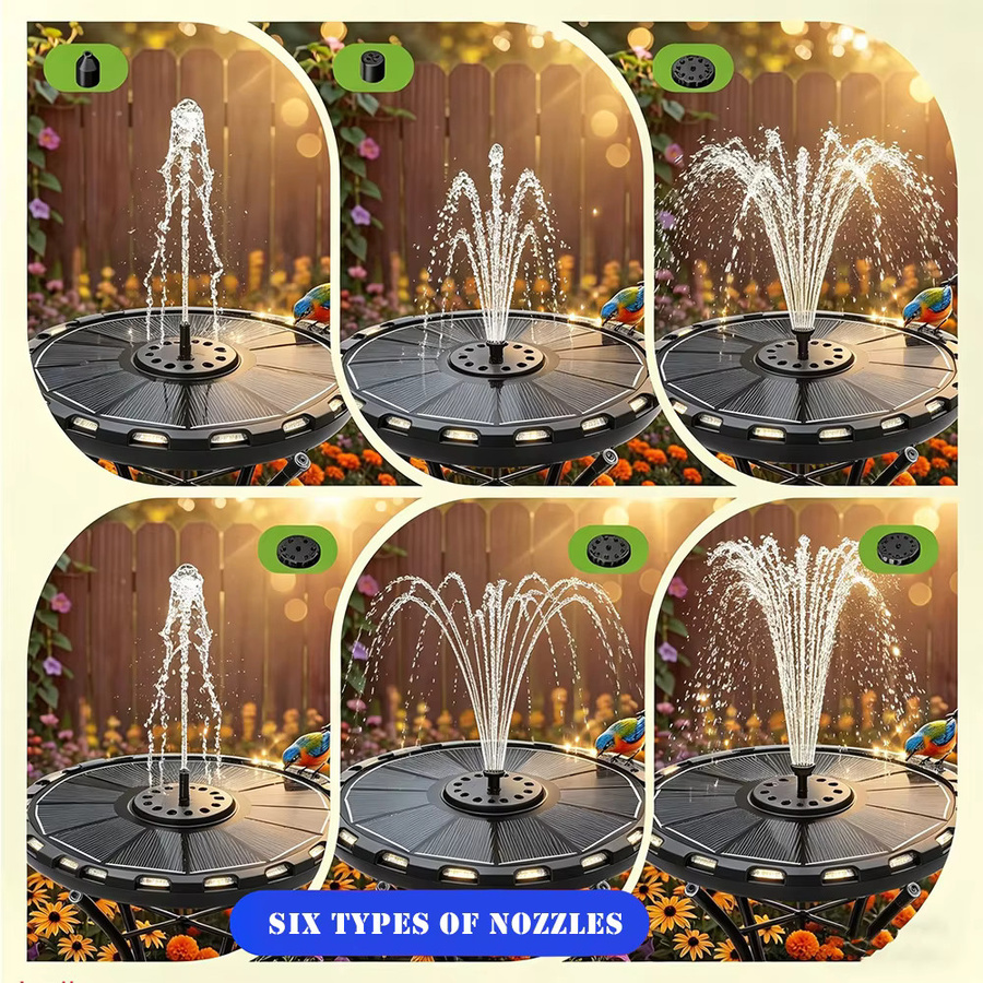 T-SUNRISE Solar-Gartenbrunnen für den Außenbereich mit 3,5W, rundes Solarbrunnenpumpen-Set für Teiche und Vogelbäder mit 6 Düsen und 7-farbigem Licht, Multicolor - Bild 3