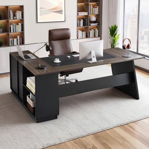 VEVOR L-Shaped Executive Desk Modern Office Table mit Schubladen und Stauraumschrank in Braun und Schwarz - Bild 1