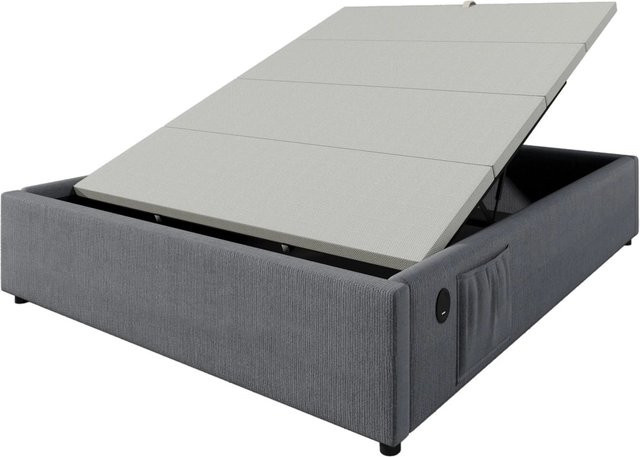 Merax Polsterbett mit Stauraum und USB-Ladeport in Grau, B/T/H: 141 x 202 x 30 cm - Bild 1