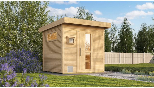 Weka Design-Saunahaus Kuopio aus nordischem Fichtenholz mit Technikpaket 2 in Beige, B/H/T: 263 x 253 x 298 cm, für 4 Personen - Bild 1