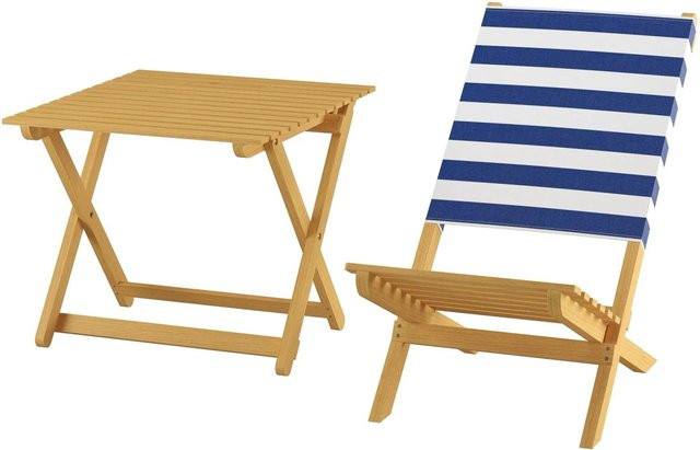 Erst-Holz Klappstuhl aus Buche mit gestreifter Baumwolllehne in Blau Weiß Braun für Garten und Strand - Bild 1