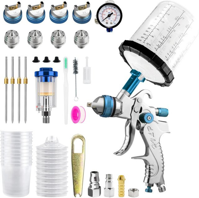 Spritzpistolen-Set mit 4 Düsen in 1,4/1,7/2,0/2,5mm, 10 Einwegbecher à 650ml und Wasserabscheider für Auto- und Holzmalerei, Grün/Blau/Rot - Bild 1
