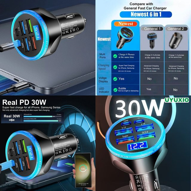UYUXIO Auto-Ladegerät mit LED-Digitalanzeige und 6 Anschlüssen, PD 30W Schnellladegerät für iPhone, Schwarz - Bild 1