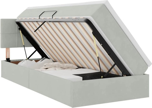 vidaXL Bett mit Stauraum und LED in Hellgrau aus Samt, B/T/H: 90 x 200 x 88 cm - Bild 1
