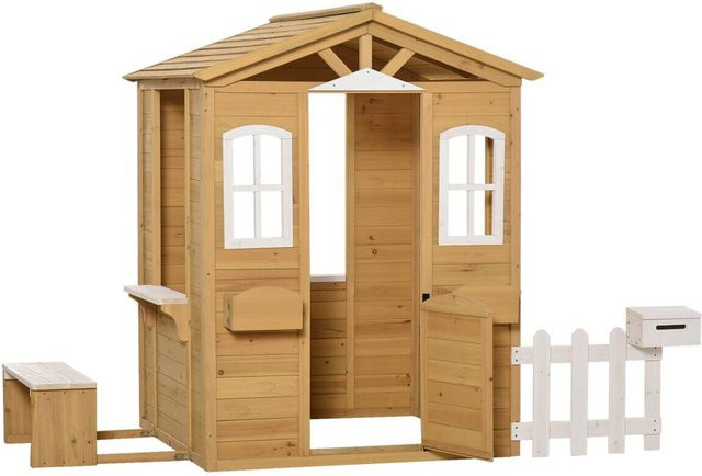 Outsunny Kinderspielhaus aus Holz in Gelb und Weiß, B/H/L: 119 x 205 x 140 cm - Bild 1