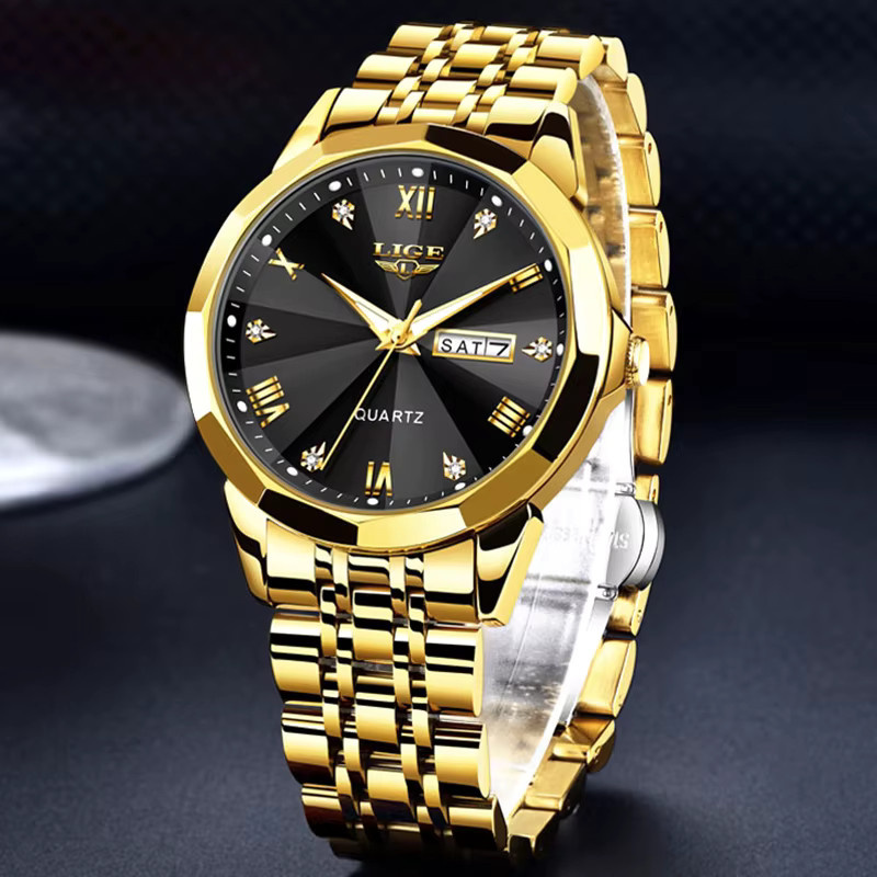 LIGE Armbanduhr Quarz, Edelstahl, Gold, Schwarz, Herren - Bild 3