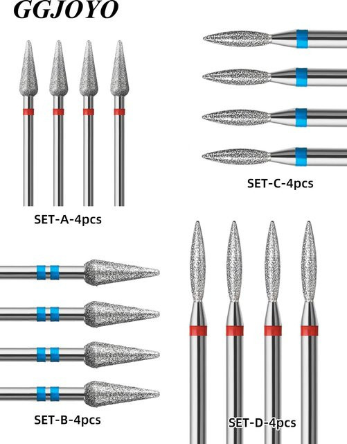 NotNoot Nagelhaut-Nagelbohrer-Set, 4-teilig, Flammenform, 3/32 Schaft, fein & mittel - Bild 1