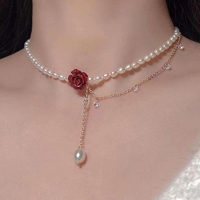 Halskette mit Imitationsperlen, rote Rose, Diamanten, Damen - Bild 1