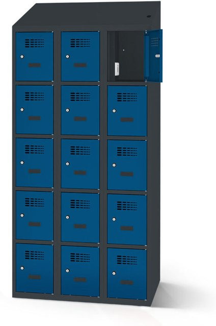 rotstahl Fächerschrank mit 15 Fächern und Ladefunktion, Farbe Dunkelblau, Korpus Anthrazitgrau, B x H: 120 x 200 cm - Bild 1