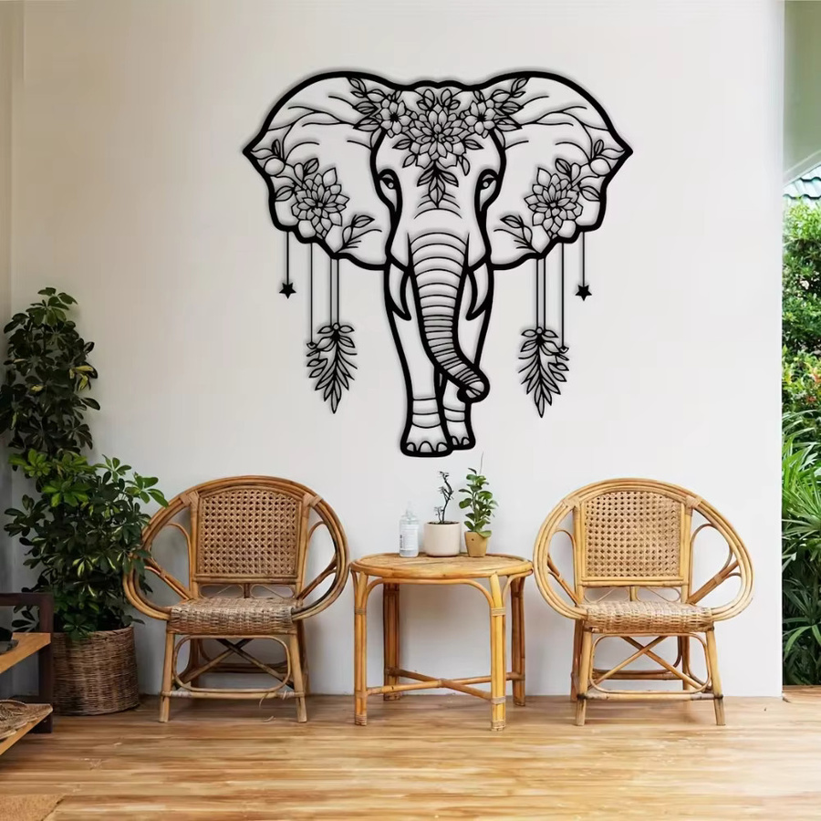 CIFBUY Handgefertigte Elefanten-Wandkunst aus Schmiedeeisen in Schwarz mit floralem Boho-Design - Bild 4