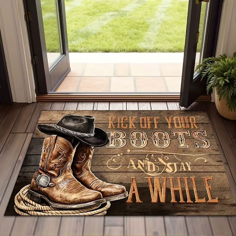 VIKAMA Western Cowboy Fußmatte mit Kick Off Your Boots Aufdruck, Rutschfester und Waschbarer Eingangsteppich im Rustikalen Farmhaus-Stil, Farbe: Braun, B x T: 60 x 40 cm - Bild 3