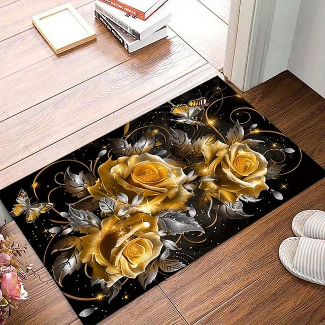 VIKAMA Teppich mit goldenem Rosenmuster, rutschfest und waschbar, ideal für Wohnzimmer, Schlafzimmer oder als Kinderspielmatte für drinnen und draußen - Bild 1