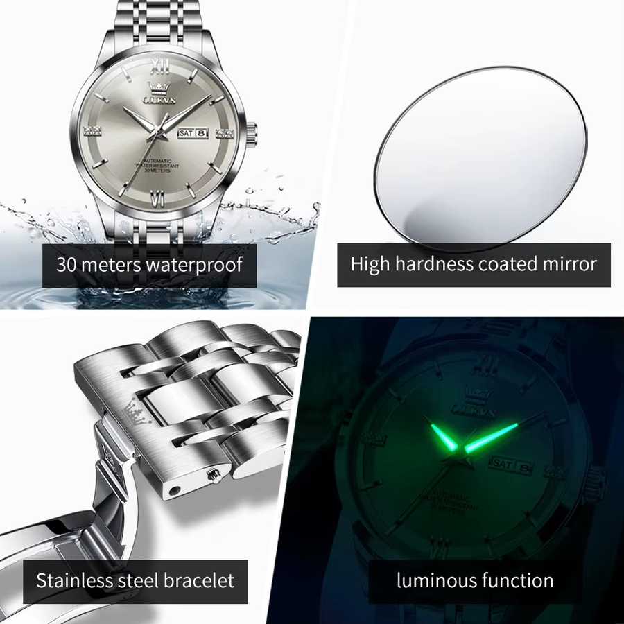 OLEVS Armbanduhr Automatik, Edelstahl, Herren, Dual Kalender, Wasserdicht - Bild 4