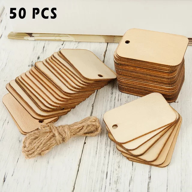 50 Stück Naturholzscheiben-Geschenkanhänger aus Holz mit Seil für DIY-Handwerk und Dekoration - Bild 1