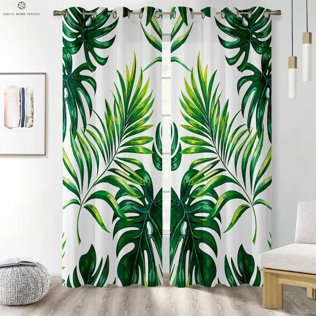 Yiran Furniture Vorhänge mit tropischer Vegetation in Grün, nordischer Stil, semi-transparent, 2er-Set, B: 50 cm, H: 130 cm - Bild 1