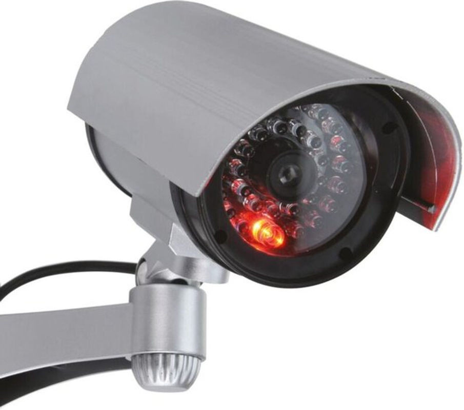 8 Stück BURI Überwachungskamera Attrappe mit roter LED, batteriebetrieben, Wandmontage, Silber/Rot - Bild 1