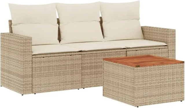 vidaXL 4-teilige Garten-Sofagarnitur aus Poly-Rattan und Akazienholz in Beige-Creme mit Kissen - Bild 1