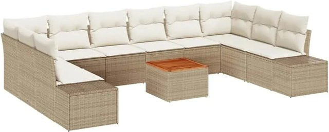 vidaXL Garten-Sofa-Set 11-tlg. in U-Form mit Polstern, Beige und Weiß, aus PE-Rattan und Akazienholz mit Stauraumfunktion - Bild 1