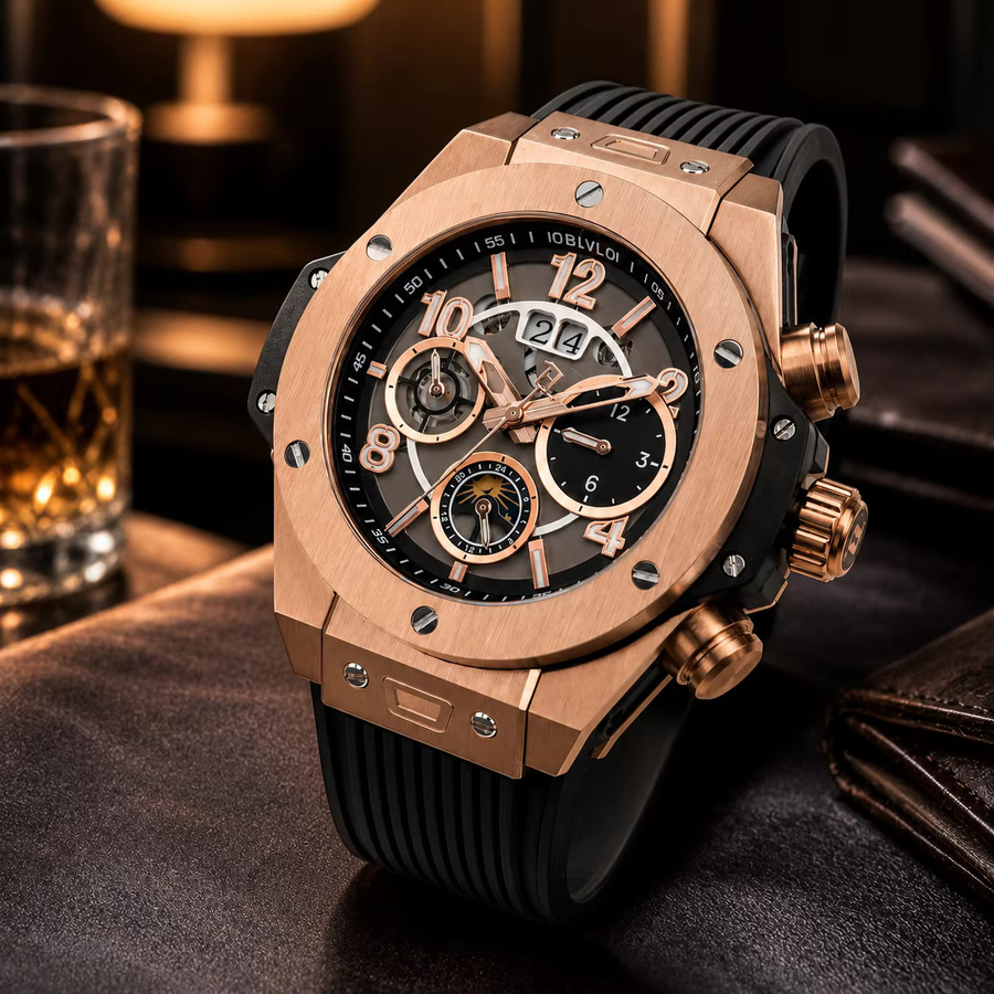 OBLVLO Armbanduhr Automatik, Roségold-Gehäuse, Kautschukarmband, Herren - Bild 2