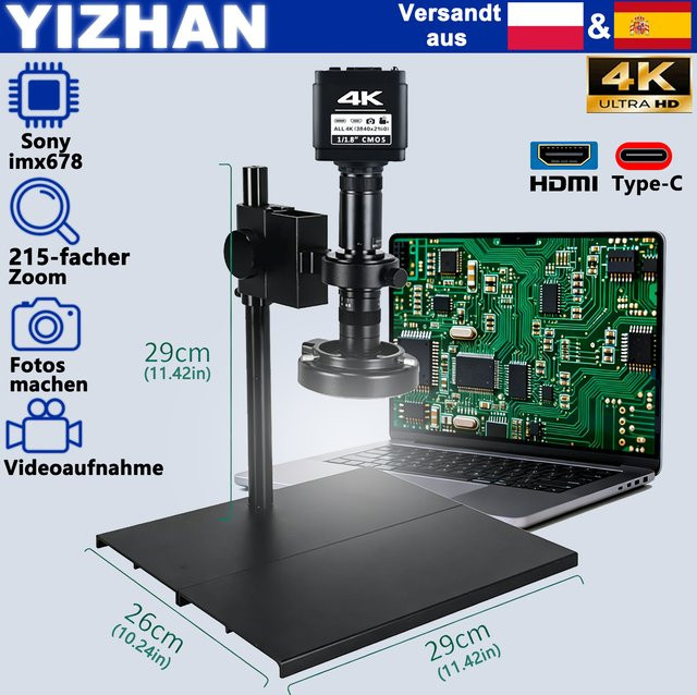 YIZHAN 4K Industriemikroskop-Kamera-Set für Lötarbeiten mit IMX678 Sensor, digitales elektronisches Mikroskop mit 215-fachem Zoom und Objektträgerhalterung in Schwarz - Bild 1